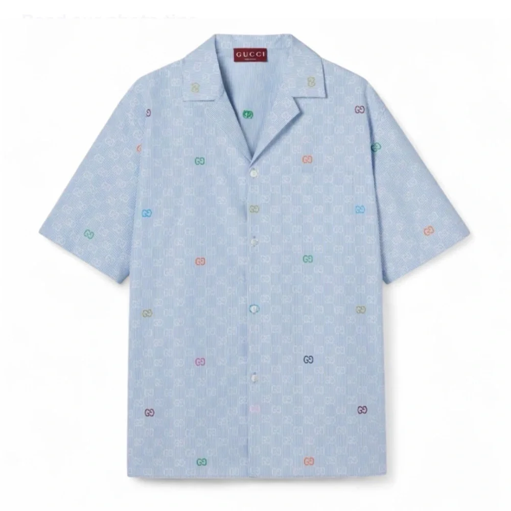 Gucci Blue Striped Short Sleeves Cotton Bowling Shirt